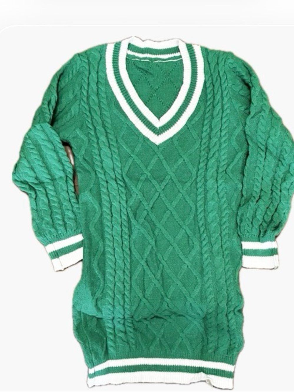 Green Cable Knit V-Neck Sweater Dress with White Trim